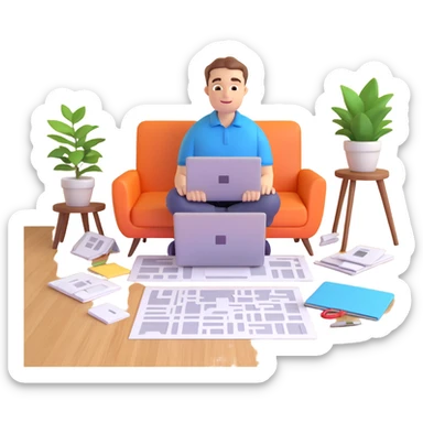 interior designer with a laptop and floor plans, surrounded by decor samples sticker