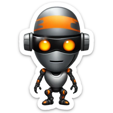 A shiny glossy ninja-like robot with a combination of black, orange and gray colors with blindfolds sticker