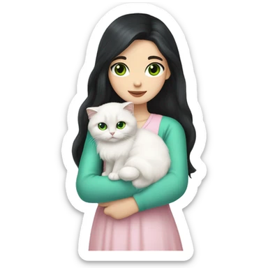 girl with very long black hair and green eyes and light pink outfit hugging a white scottish fold long hair blue eyes cat  sticker