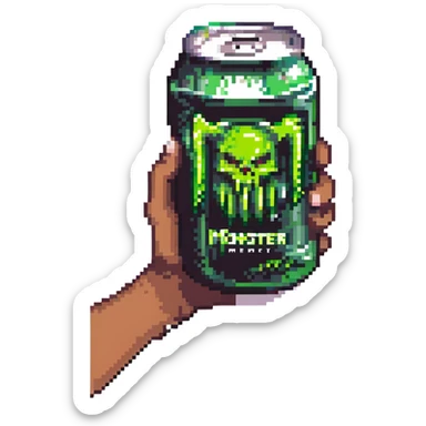 a hand holding a Monster energy drink can, pixel art style sticker