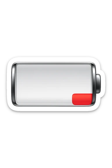 iPhone-style emoji of a battery that is almost empty, with a small red bar at the end indicating low energy. Clean, minimal, glossy look, transparent background. sticker