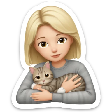 Blonde woman snuggling gray tabby cat sticker