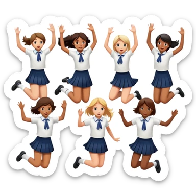 six girls in school uniforms jumping together sticker