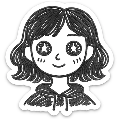 A cute girl with white skin, dark wavy hair just below her shoulders, green eyes, fair skin, a soft pink blush, and burning stars in her eyes. She has a thin neck and is wearing a black hoodie. The girl has long bangs styled on both sides of her face. sticker
