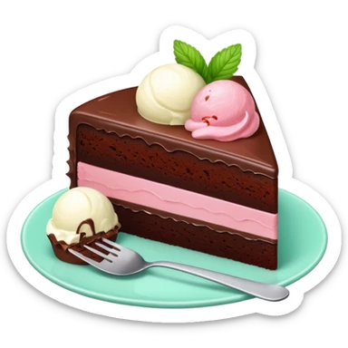Slice of chocolate cake with strawberry icing and a scoop of mint ice cream on the side sticker