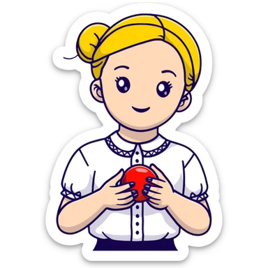 A young Ukrainian girl in a white embroidered shirt holds a ball of thread in her hand sticker