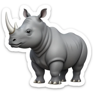 cinematic-rhino-full-body-standing-emoji,white horn, slate grey skin -massive-body-poised-powerfully,-thick-horn-curving-slightly-forward,-head-tilted-dramatically,-rough-grey-hide-covered-in-dust,-simplified-focused-features, sticker