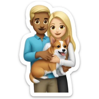 blonde girl with arab guy holding a corgi in their arms sticker
