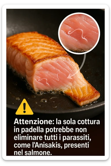 a close-up of a salmon fillet being lightly seared in a hot pan, with the outer layer cooked but the inside still raw. An inset magnifies the interior, showing visible Anisakis parasites surviving in the uncooked portion. A warning icon and educational text explain that searing alone may not eliminate all parasites. in italiano sticker