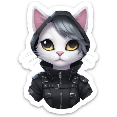 Gorgeous edgy epic futuristic punk gothic dark techwear anime style anthro cat with blushing face aesthetic and pretty edgy black with collar and harness trending style sticker