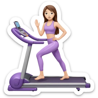 girl with long brown hair on treadmill wearing light purple yoga set sticker