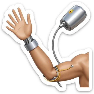 3D render of Bionic Arm, futuristic cyborg aesthetic, fusion of organic skin and chrome metal, polished silver metal arm attached to a tan skin shoulder, exposed wiring, Apple emoji style, isolated on white background --v 6.0. sticker
