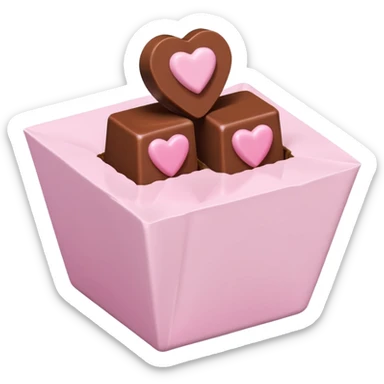 Two square milk chocolate , Each praline is a sharp-edged cube with smooth glossy chocolate coating, placed in a small white fluted paper candy cup. On top of each cube is a flat pastel pink heart-shaped icing sticker