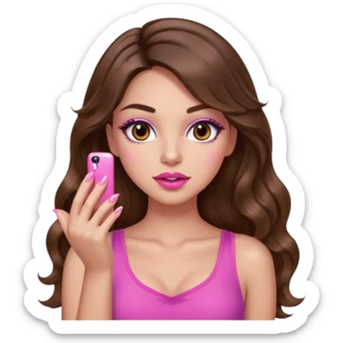 girl with long wavy brown hair, brown eyes, light to medium complexion, in a pink sexy top, pink puckered lips, long lashes, showing a manicure sticker