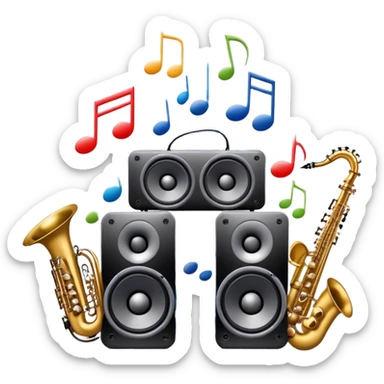 Icon for R&B Music Listening: large concert speakers and headphones with waves of musical notes coming out, along with drums, bass guitar and saxophone. The icon should convey the energetic and rhythmic vibe of R&B music. Transparent background sticker