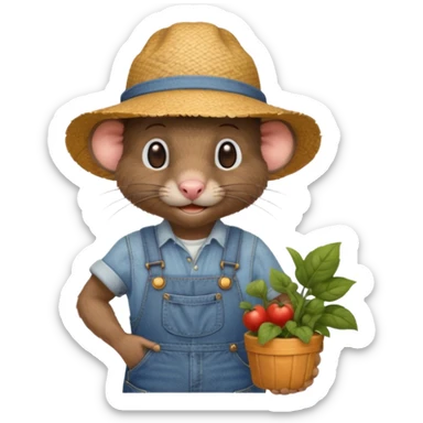 farmer rat gardener in denim overalls with a straw hat sticker