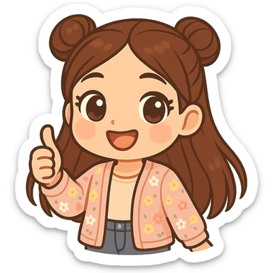 Create a chibi sticker of the girl from the reference image, showing a thumbs up and looking happy. She has brown straight hair styled in double buns, brown eyes, wearing a pastel floral cardigan and jeans. The sticker should have a white outline and a transparent background, sized 512x512px. sticker
