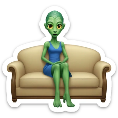 green alien reptilian woman in blue dress, sitting on a beige couch  sticker
