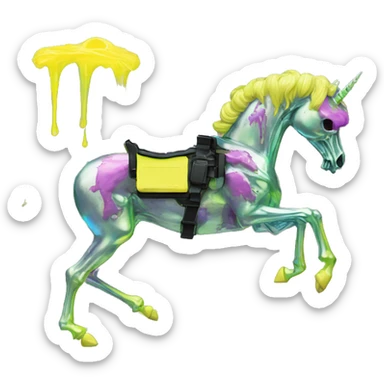 .Zombie_ vaporwave black holographic oilslick zombie unicorn yellow caution tape graffiti Pegasus skeleton  sticker
