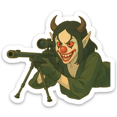 Evil clown assassin, prone and aiming a sniper rifle, ghibli-inspired style, soft shading, painterly, expressive, transparent background. sticker