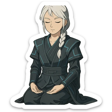  a closeup portrait of young woman with gold yellow eyes, white hair, long braid, black off-shoulder top, punk gothic style, futuristic cyberwave cyberpunk,  jedi attire, kneeling and gathering chi, jedi meditate, eyes closed hands at full rest. original republic jedi robes padawan sticker