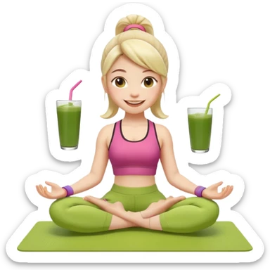 Девушка-мемоджи радостно сидит на коврике для йоги, в спортивной позе, в ярком стильном спортивном комплекте. Лицо сияющее, улыбка очень довольная и счастливая, в руках яркий стакан освежающего матча-лимонада, вокруг атмосфера свежести, отдыха и комфорта. Белый фон. 2 руки и 2 ноги sticker