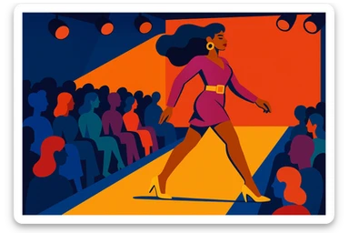 animated woman walking on a runway, horizontal composition, vibrant colors, dynamic pose, fashion show atmosphere sticker