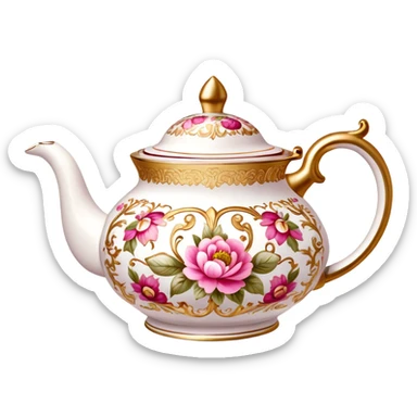 Reddish-pinkish and gold and white warm-colored romantic vintage fancy tea pot sticker