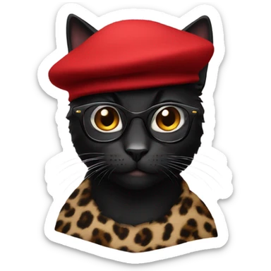 Black cat wearing a red beret with leopard glasses sticker