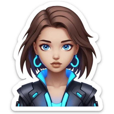 Neon cyberpunk style 
girl with brown hair and blue eyes 
shoots sticker