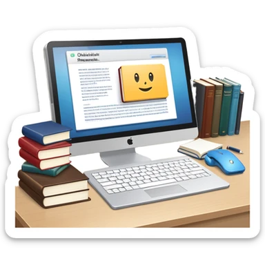 Computer on a desk with scattered books and notebooks and text "Ожидайте пользователь, делает все через AI" sticker