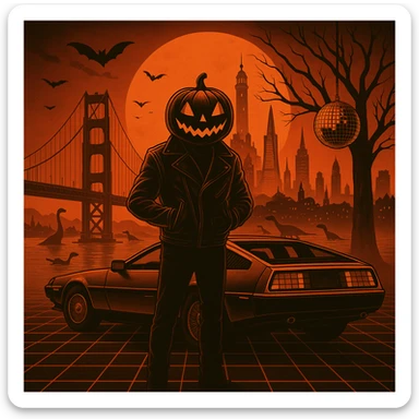 Add a disco ball hanging from the tree and small dinosaurs in the water.  make the cityscape of San Francisco including Coit Tower, TransAmerican Building.  sticker