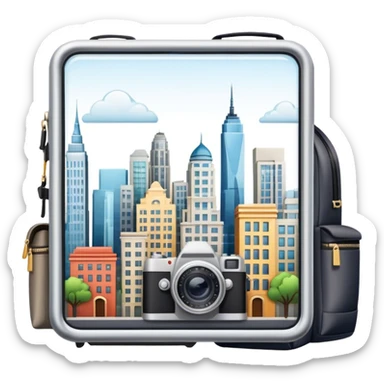 Icon for Urban Tourism: city skyline with iconic buildings, a camera and a backpack. The icon should represent the exploration of urban destinations, with elements like streets, landmarks, and vibrant city life. Transparent background. sticker