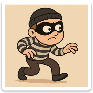 cute thief in a black eye mask and striped shirt, sneaking, cartoon style sticker