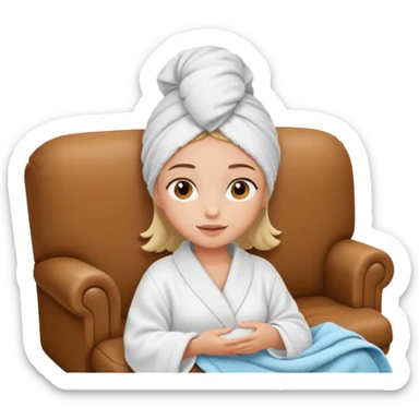 spa A contented and relaxed girl with a towel on her head in a white robe lies on a couch. The icon displays the couch and the girl in full three-quarter view. sticker
