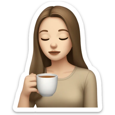 pale Girl with brown hair sipping tea, beige colors, eyes closed sticker