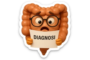 EMOJI STILE IPHONE DI UN INTESTINO CON GLI OCCHIALI CHE LEGGE UN FOGLIO CON LA SCRITTA DIAGNOSI, ESPRESSIONE STUPITA IN VOLTO, IPERREALISTICO 4K sticker