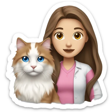 woman with long brown hair and pink shirt and holding a all white Siberian cat with blue eyes sticker