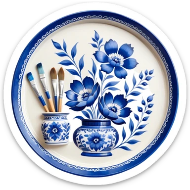 Gzhel-style metal painting icon, hand-painted Gzhel-style metal tray with intricate blue and white floral patterns, visible paintbrush and paint pots, metal surface in the process of being painted, no finished artwork, just the painting process, minimalistic style, clean lines, transparent background. sticker
