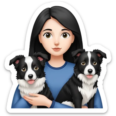 A girl holding two black and white border collies sticker