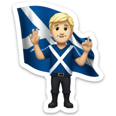 Scottish guy with blonde hair waving hand to say hello with a Scotland flag in the background  sticker