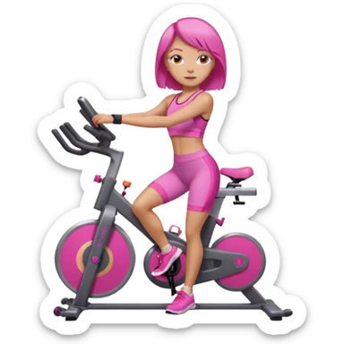 Light tan girl with a brown bob hat style with pink highlights in a pink workout set leaning on a indoor spin bike with NO HELMET,  but add pink hair highlights  sticker