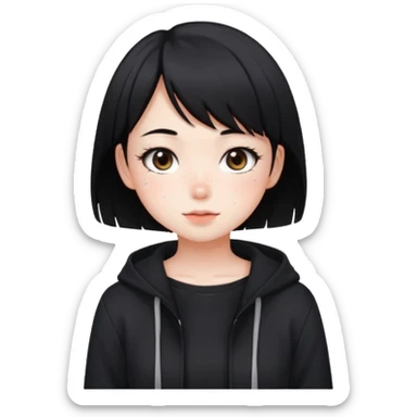 Cute anime girl in dark tones with a blushing face and freckles, with short black hair, and a dark trend style sticker