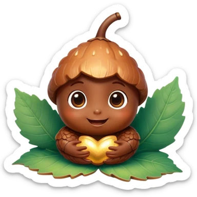 Cinematic tiny happy acorn, glossy brown, soft glowing highlights, tiny adorable face with big sparkly eyes, sitting on a pastel leaf, warm and cheerful. sticker