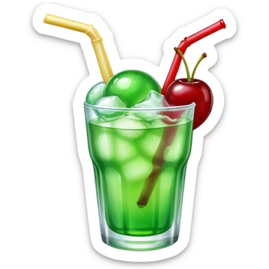 Create an emoji with a very clear rounded glass and ice, bright transparent green soda , a smooth vanilla scoop circle shape, a glossy red cherry, using vibrant colors, soft shading, and clear glass highlights.
 sticker