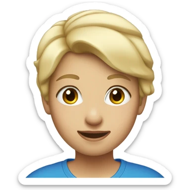 blonde girl short hair wearing blue t-shirt with apple logo sticker