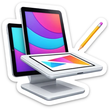 a vibrant and modern icon representing Animation and Motion Design, featuring elements like a graphic tablet and stilus, dynamic motion lines, and visuals of the process of creating animated films and GIF animations. The design colorful, and dynamic, without any emojis. The background transparent sticker