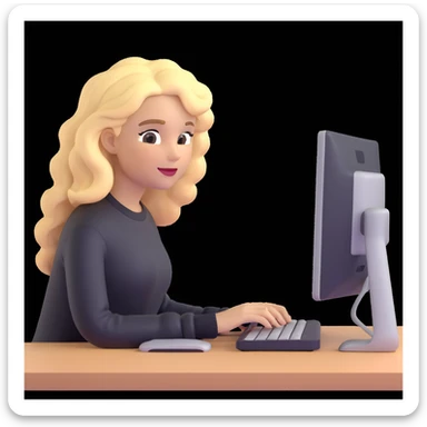 brown-eyed blonde young woman with wavy hair, wearing a black sweater, working on a computer in a cozy office sticker