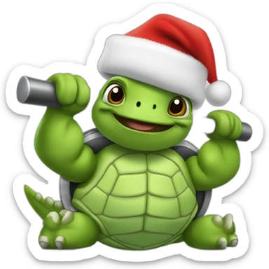 Bodybuilder turtle lifting iron in Christmas hat sticker