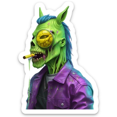 .Zombie_ Vaporwave black holographic oilslick zombie unicorn smoking yellow caution tape  sticker